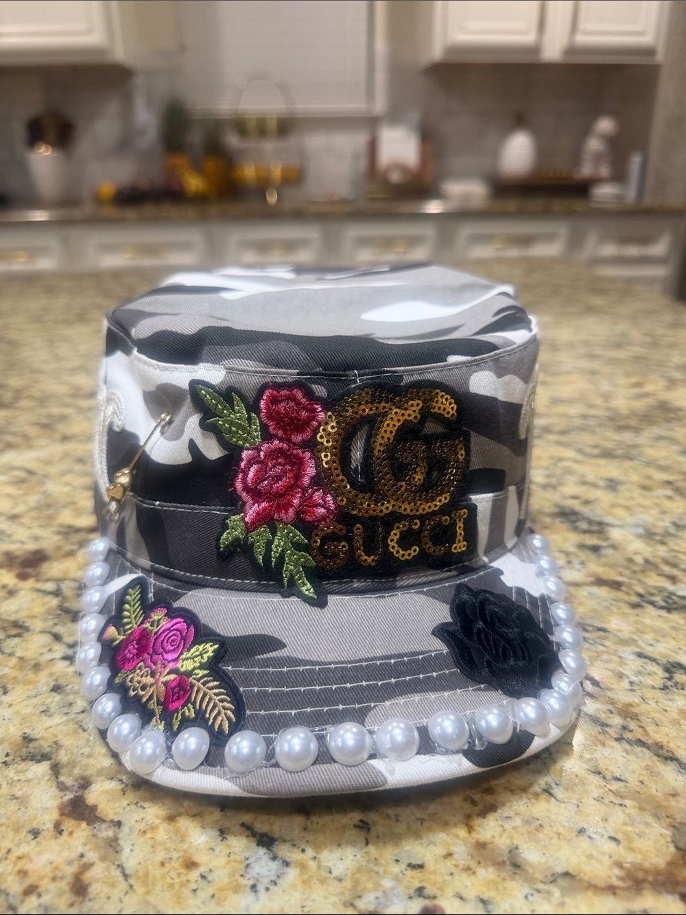 Gucci Gray Camo Embroidered Pearl-Trim Military Cap